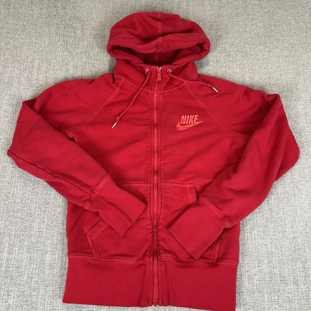 Nike Sportswear Women’s Red Full Zip Hoodie Gray Tag Flocked Logo Y2K